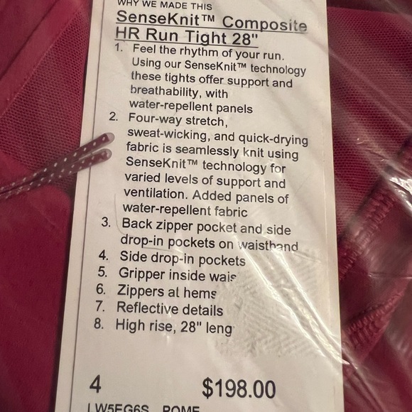 NWT lululemon SenseKnit Composite HR Running Tight 28" in Pomegranate size 4 - Picture 9 of 9